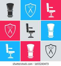 Set Shaving brush, Scissors hairdresser and shield and Barbershop chair icon. Vector