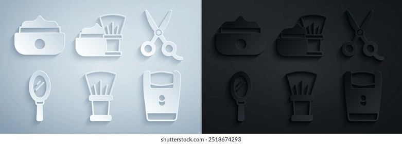 Set Shaving brush, Scissors hairdresser, Hand mirror, Electric razor blade, with foam and Gel wax for styling icon. Vector