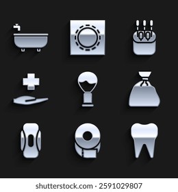 Set Shaving brush, Toilet paper roll, Tooth, Garbage bag, Sanitary napkin, Cross hospital medical, Cotton swab for ears and Bathtub icon. Vector