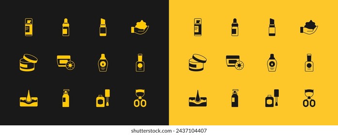 Set Shaving foam on hand, Bottle of shampoo, nail polish, Sunscreen cream tube, Lipstick, gel and Essential oil bottle icon. Vector