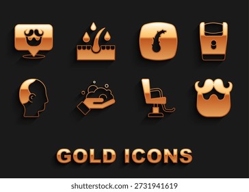 Conjunto de espuma de afeitar en la mano, cuchilla de afeitar eléctrica, barba de bigote, silla de barbería, calvicie, folículo humano y aceite para el icono de tratamiento de cuidado. Vector
