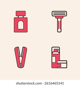 Set Shaving gel foam, Aftershave, razor and Curling iron for hair icon. Vector