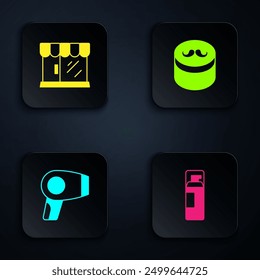 Set Shaving gel foam, Barbershop building, Hair dryer and Gel or wax for hair styling. Black square button. Vector