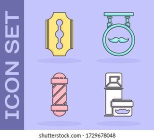 Set Shaving gel foam, Blade razor, Classic Barber shop pole and Barbershop icon. Vector