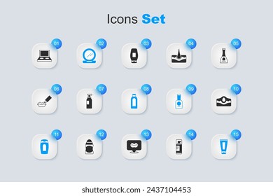 Set Shaving gel foam, Bottle of shampoo, Makeup powder with mirror, Cream lotion cosmetic tube, Acne, Eye shadow palette brush and  icon. Vector