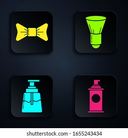 Set Shaving gel foam, Bow tie, Aftershave and Shaving brush. Black square button. Vector