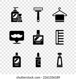 Set Shaving gel foam and brush, razor, Towel on hanger, Bottle of shampoo, Beard mustaches care oil bottle, Cream lotion cosmetic tube, Barbershop and Aftershave icon. Vector