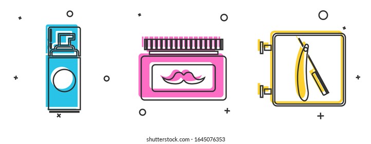 Set Shaving gel foam, Cream or lotion cosmetic jar and Barbershop with razor icon. Vector
