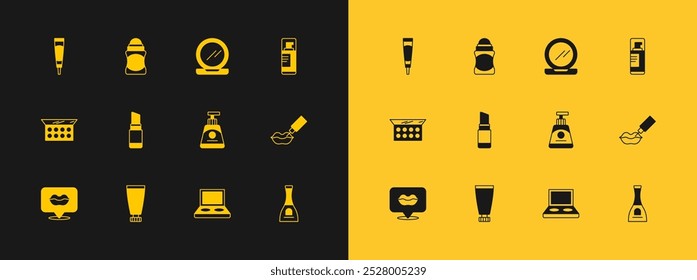 Set Shaving gel foam, Cream or lotion cosmetic tube, Eye shadow palette with brush, Lipstick, Makeup powder mirror,  and Deodorant roll icon. Vector