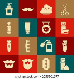 Set Shaving gel foam, Electrical hair clipper or shaver, Cream lotion cosmetic tube, Classic Barber shop pole, Bottle of shampoo and Barbershop icon. Vector