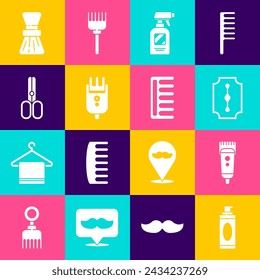 Set Shaving gel foam, Electrical hair clipper or shaver, Blade razor, Hairdresser pistol spray bottle, Scissors hairdresser, brush and Hairbrush icon. Vector