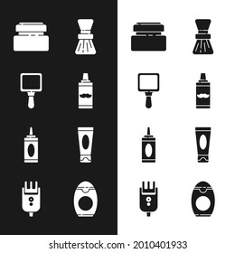 Set Shaving gel foam, Hand mirror, Cream lotion cosmetic tube, brush, Bottle of shampoo,  and Electrical hair clipper shaver icon. Vector