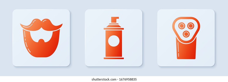 Set Shaving gel foam, Mustache and beard and Electrical hair clipper or shaver. White square button. Vector