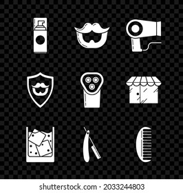 Set Shaving gel foam, Mustache and beard, Hair dryer, Glass of whiskey ice cubes, Straight razor, Hairbrush, on shield and Electrical hair clipper shaver icon. Vector