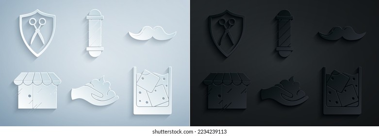 Ponga espuma de gel de oso en la mano, Mustache, edificio de barbería, Cubos de hielo de cristal de whisky, barra clásica y icono de escudo de peluquería de tijera. Vector