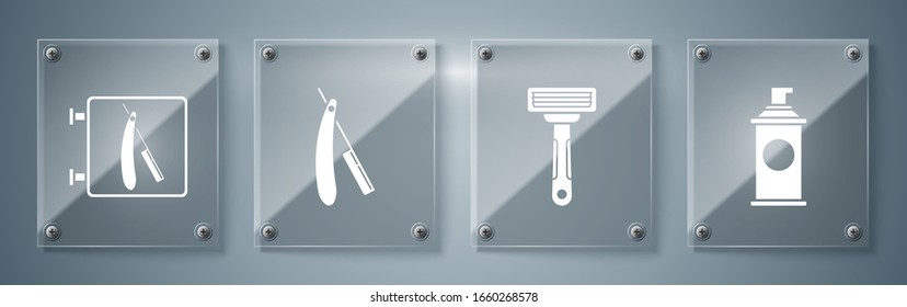 Set Shaving gel foam, Shaving razor, Straight razor and Barbershop with razor. Square glass panels. Vector
