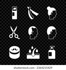 Set Shaving gel foam, Straight razor, Hairstyle for men, Gel wax hair styling, Oil care treatment, Bottle of shampoo, Scissors hairdresser and Baldness icon. Vector