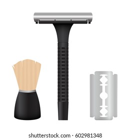 Set for shaving: razor, blade and shaving brush, isolated on white background. Vector illustration.