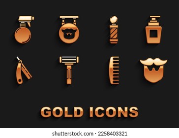 Set Shaving razor, Bottle of shampoo, Mustache and beard, Hairbrush, Straight, Classic Barber shop pole, Hairdresser pistol spray bottle and Barbershop icon. Vector