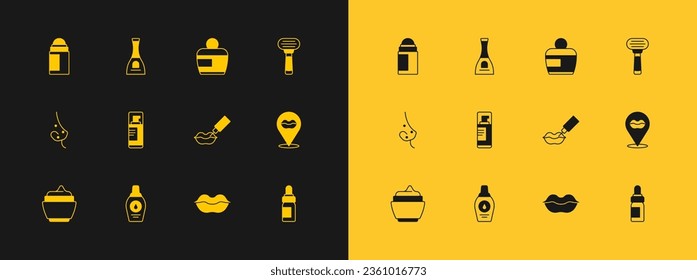 Set Shaving razor, Bottle of shampoo, Lip augmentation, Smiling lips, gel foam, Cream lotion cosmetic tube, Deodorant roll and nail polish icon. Vector