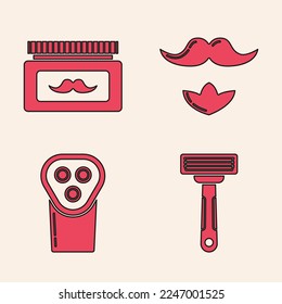 Set Shaving razor, Cream or lotion cosmetic jar, Mustache and beard and Electrical hair clipper or shaver icon. Vector