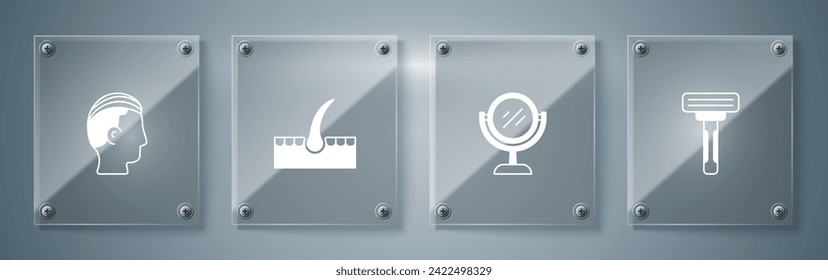 Set Shaving razor, Hand mirror, Human hair follicle and Hairstyle for men. Square glass panels. Vector