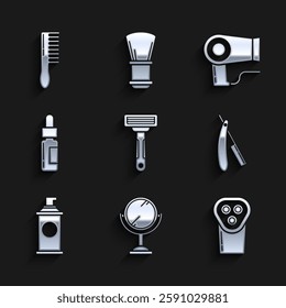 Set Shaving razor, Hand mirror, Electrical hair clipper shaver, Straight, gel foam, Glass bottle with pipette, Hair dryer and Hairbrush icon. Vector