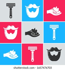 Set Shaving razor, Mustache and beard and Shaving gel foam on hand icon. Vector