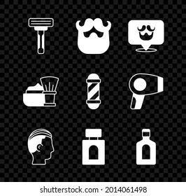 Set Shaving razor, Mustache and beard, Barbershop, Hairstyle for men, Aftershave, Bottle of shampoo, brush with foam and Classic pole icon. Vector