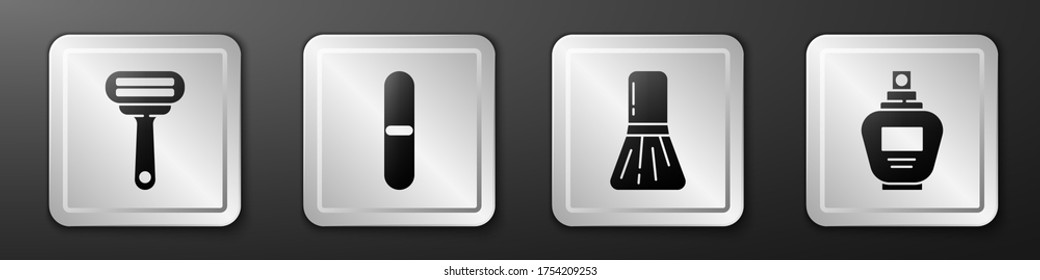 Set Shaving razor, Nail file, Makeup brush and Perfume icon. Silver square button. Vector