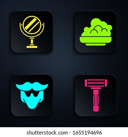 Fijar la cuchilla de afeitar, el espejo de maquillaje redondo, el Mustache y la espuma de barba y gel de afeitar. Botón cuadrado negro. Vector