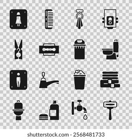 Set Shaving razor, Towel stack, Toilet bowl, on hanger, Blade, Clothes pin, Female toilet and Trash can icon. Vector