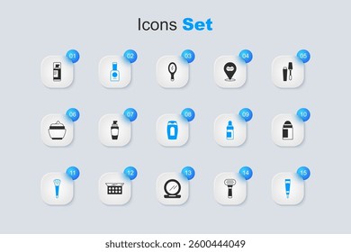 Set Shaving razor, Tube of hand cream, Bottle nail polish, Makeup brush, Cream lotion cosmetic tube, Deodorant roll, gel foam and shampoo icon. Vector
