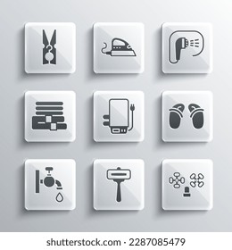 Set Shaving razor, Water tap, Flip flops, Electric boiler, Towel stack, Clothes pin and Shower icon. Vector