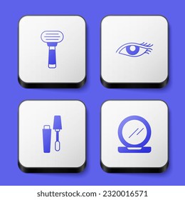 Set Shaving razor, Woman eye, Mascara brush and Makeup powder with mirror icon. White square button. Vector