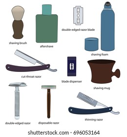 Set of shaving tools illustrations. White background, colored objects, black outline, names. Isolated images for your design. Vector.