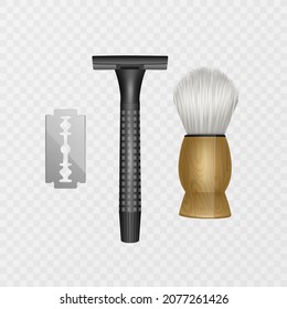 Conjunto de herramientas de afeitado, cuchillas de afeitar y brocha de espuma en fondo blanco, formato vectorial