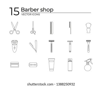 Set of shaving tools thin line icon on white background. 15 vector illustrations for barber shop.