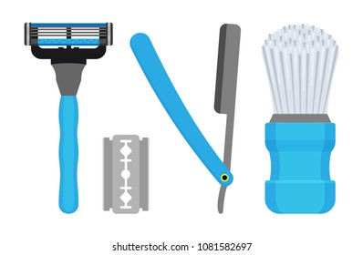 Set for shaving. Vector illustration of male razors and a bristle brush.