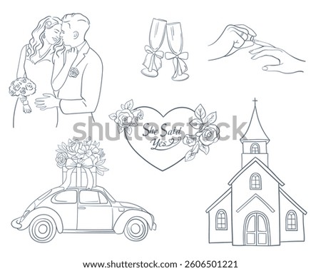 Set She said two -heart love. Wedding marriage themed objects icons. Vector illustration include icon - ring, bouquet, groom, bridal, invitation outline pictogram for ceremony