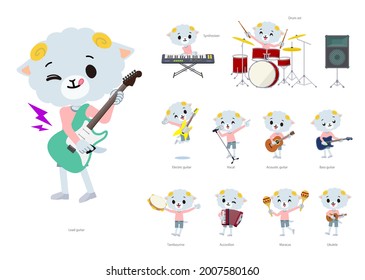 A set of Sheep boy playing rock 'n' roll and pop music.It's vector art so it's easy to edit.