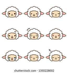 Set of Sheep emoticons with different expressions. Emoji faces. Simple cartoon vector illustration