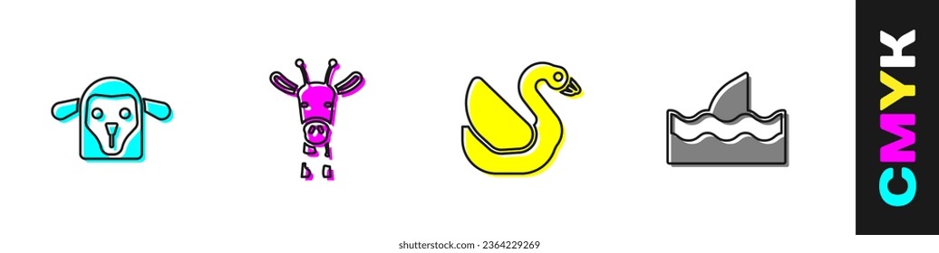 Set Sheep head, Giraffe, Swan bird and Shark fin in ocean wave icon. Vector