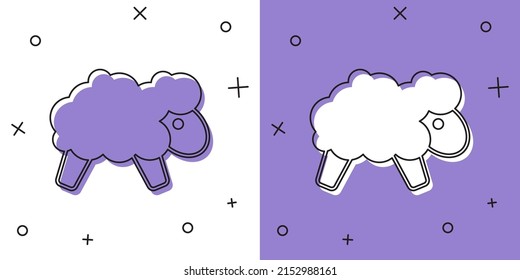 Establecer el icono Oveja aislado en fondo blanco y púrpura. Contando a las ovejas para que se duerman.  Vector