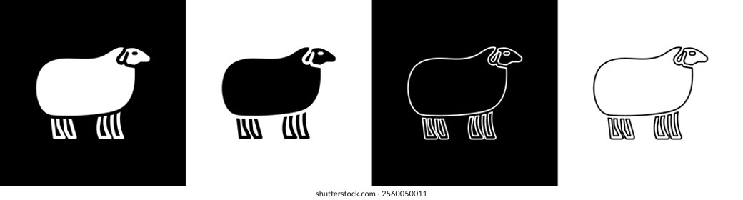 Set Sheep icon isolated on black and white background. Animal symbol.  Vector