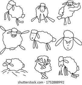 A Set of sheep icon set/template suitable for nature, party, holiday, horror, animal, park, outdoor, horror, sky, science, furniture, food and drink content with doodle cartoon style