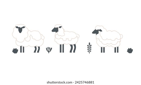 conjunto de vector de ilustración de contorno de oveja