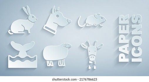 Set Sheep, Rat, Whale tail in ocean wave, Giraffe head, Dog and Rabbit icon. Vector