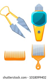 Set of sheep shaving/shearing instruments(blade shears,shearing machine and combs) isolated on white background.