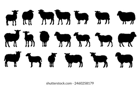 Establecer Ilustración vectorial de silueta de oveja. Icono de la granja animal y cabra agrícola. Símbolo de colección de mamífero y signo de recorte. Dibujo de ovejas de la agricultura de logotipo.